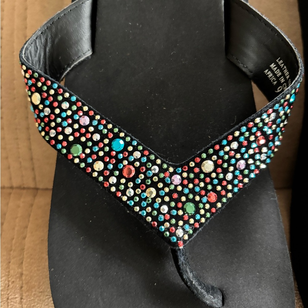 Yellow Box Embellished Black flip flop Sandals